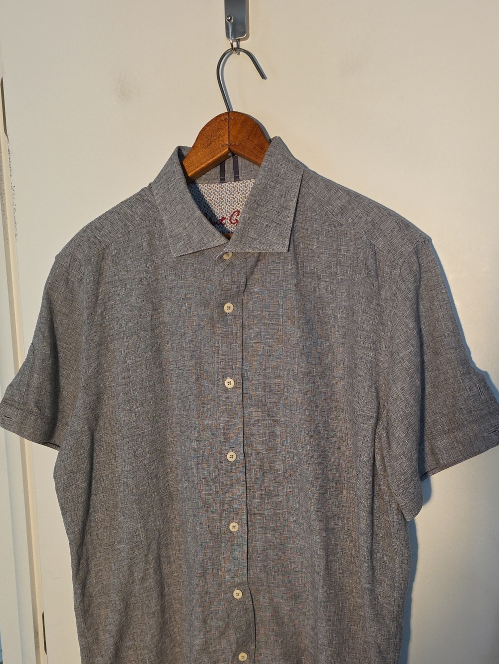 Robert Graham Large Linen Blend Gray Short-Sleeve Button-Down Shirt Perfect Cond